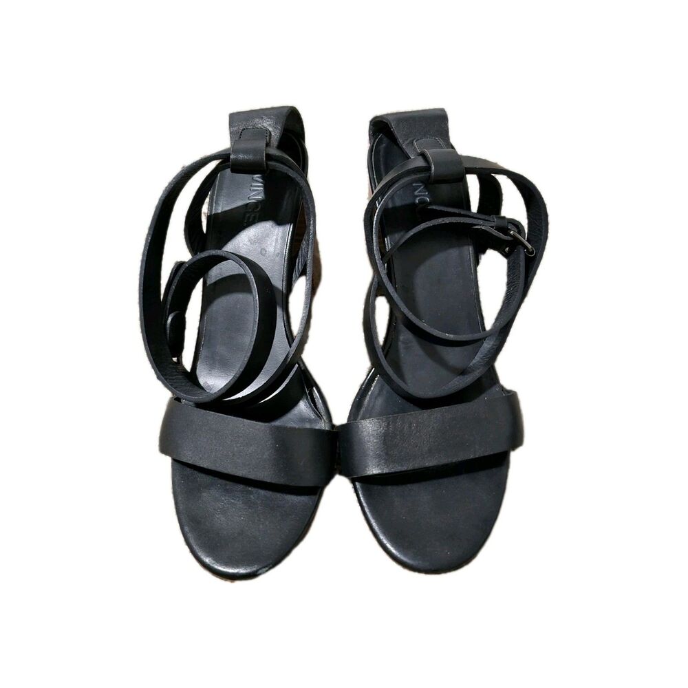 Vince Strappy Heels Black Leather Womens 7M Dance Prom Old Money Quiet Luxury